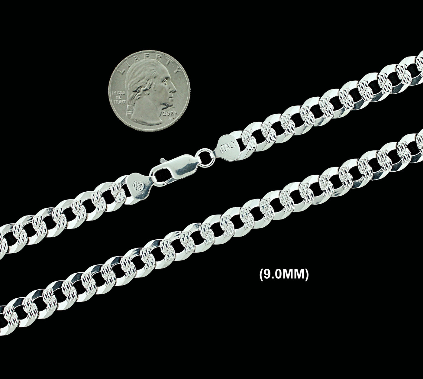 9MM Solid 925 Sterling Silver Diamond Cut Cuban Curb Chain Necklace or Bracelet ITALY