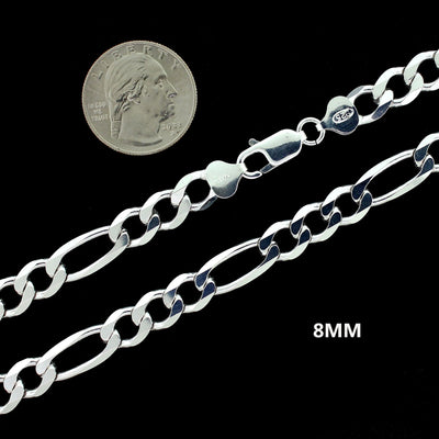 Real 8MM Solid 925 Sterling Silver FIGARO LINK CHAIN Necklace, Mens Womens, ITALY