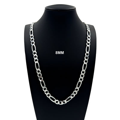 Real 8MM Solid 925 Sterling Silver FIGARO LINK CHAIN Necklace, Mens Womens, ITALY