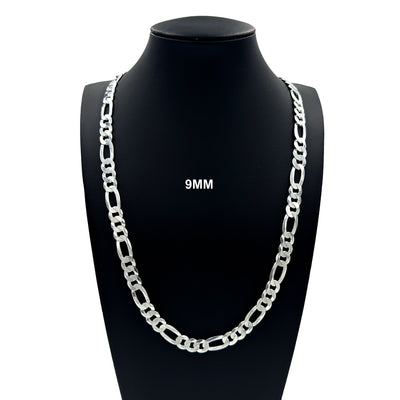 Real 9MM Solid 925 Sterling Silver FIGARO LINK CHAIN Necklace, Mens Womens, ITALY
