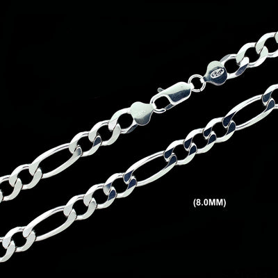 8MM Solid 925 Sterling Silver Figaro Link Chain Necklace or Bracelet ITALY