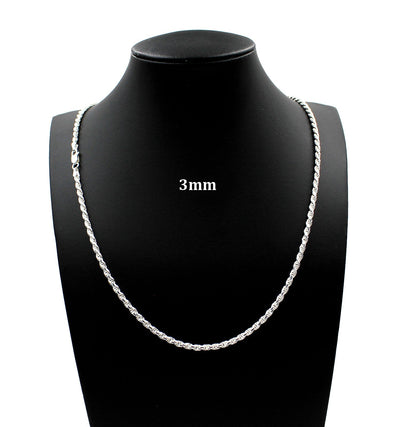 3MM Solid 925 Sterling Silver Diamond-Cut Rope Chain Necklace or Bracelet ITALY