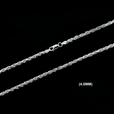4MM Solid 925 Sterling Silver Diamond-Cut Rope Chain Necklace or Bracelet ITALY