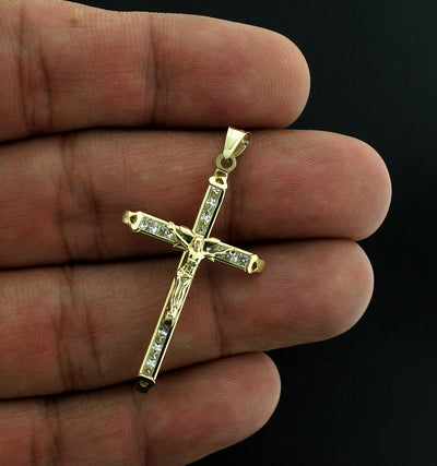 Men's 10K Yellow Gold Cross Pendant Diamond Cut Crucifix Charm 2.5" inch