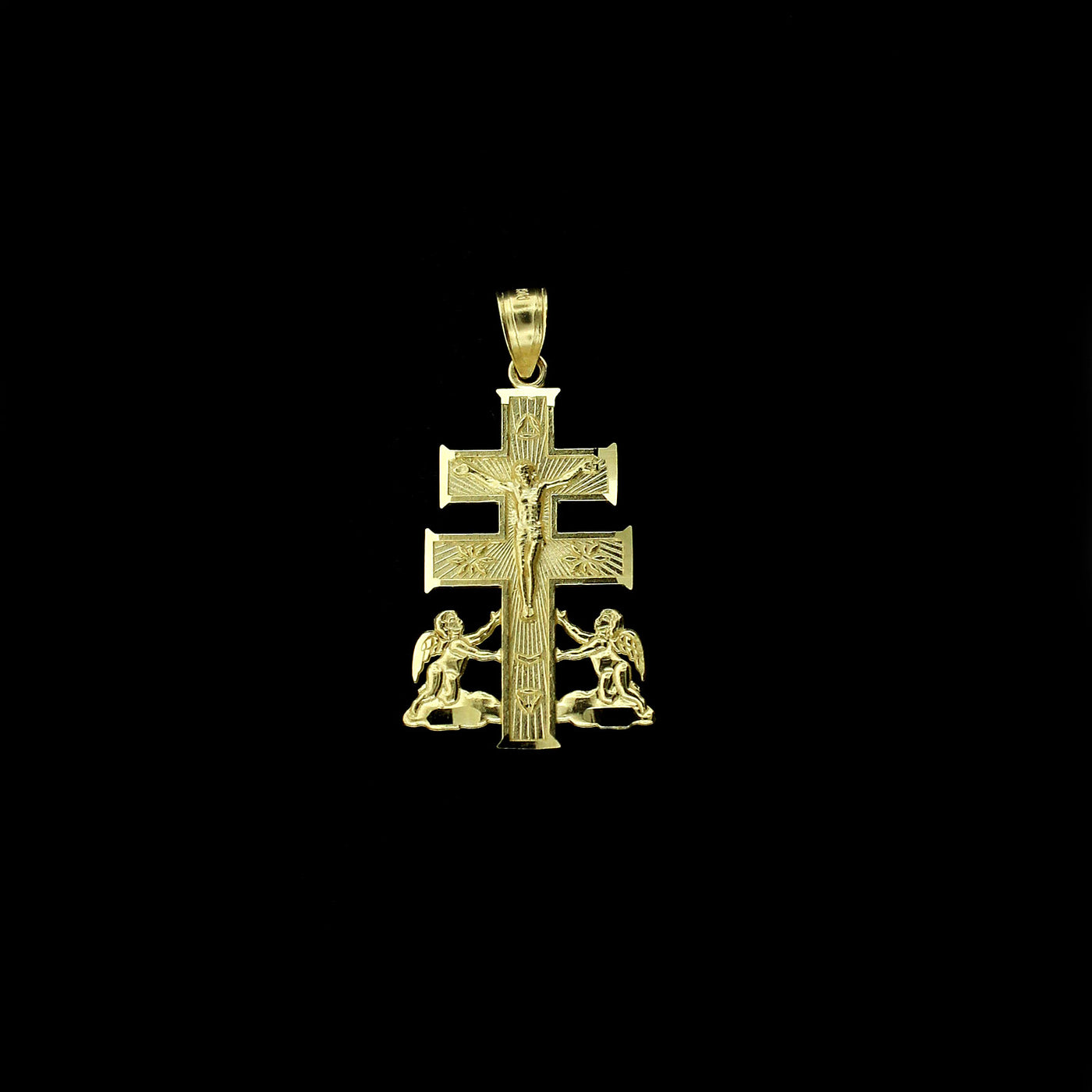 Mens 10K Yellow Gold Caravaca Cross Pendant Diamond Cut Crucifix Charm