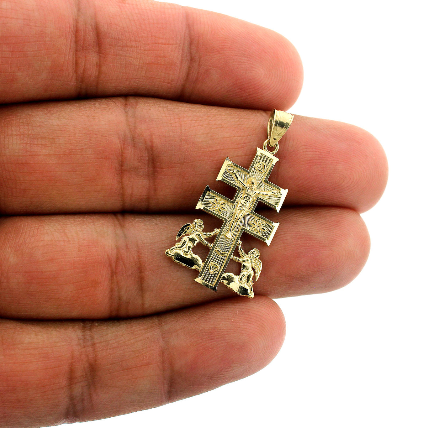 Mens 10K Yellow Gold Caravaca Cross Pendant Diamond Cut Crucifix Charm