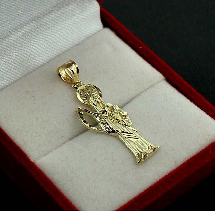 10K Yellow Gold Santa Muerte Grim Reaper Pendant & 2mm Rope Chain Necklace Set