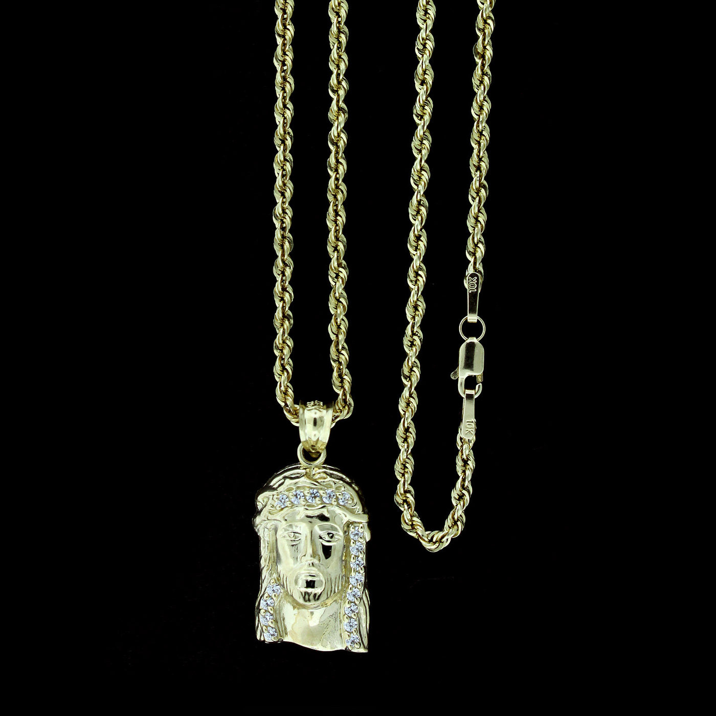 Mens 10K Solid Yellow Gold Jesus Face Head CZ Charm Pendant & 2.5mm Rope Chain Necklace Set