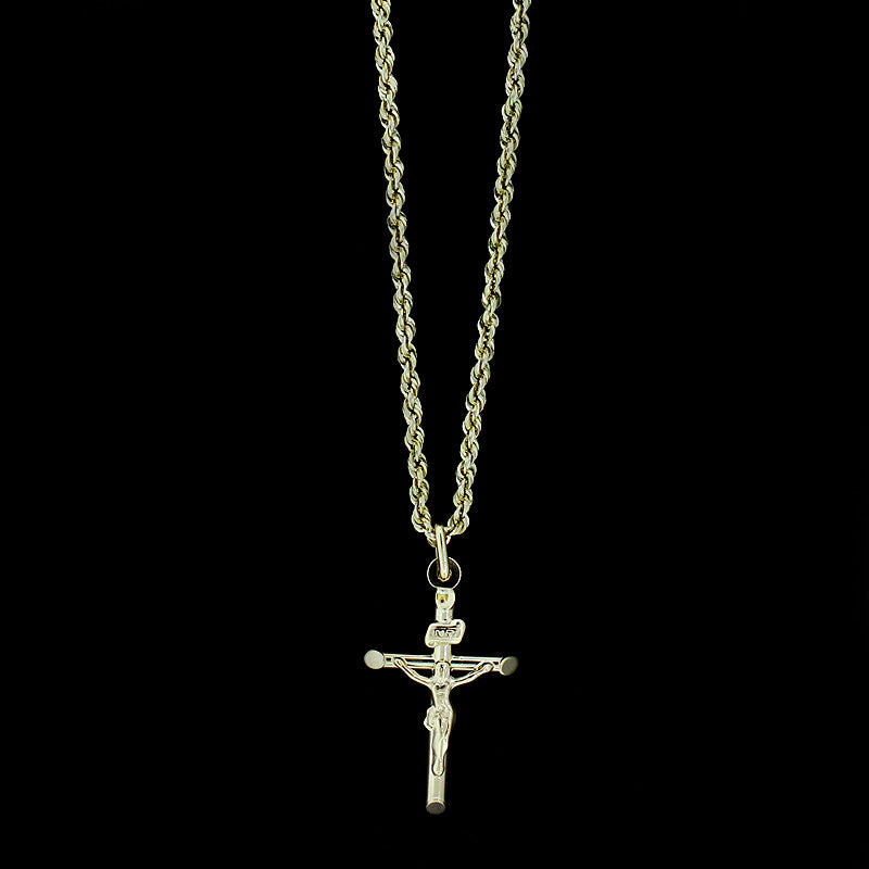 Real 10K Yellow Gold INRI Jesus Crucifix Cross Charm Pendant & 2mm Rope Chain