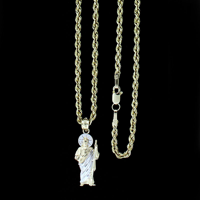 Mens 10K Yellow Gold Saint Jude San Judas Pendant With 2mm Rope