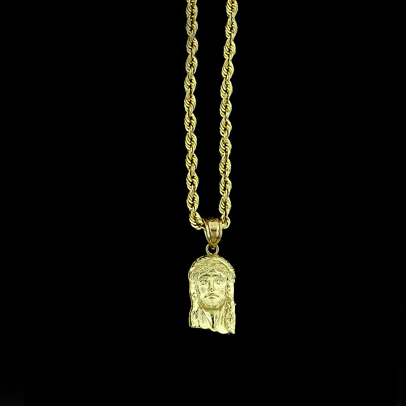 10K Yellow Gold Small Jesus Face Head Charm Pendant With 2mm Rope Chain Necklace Set