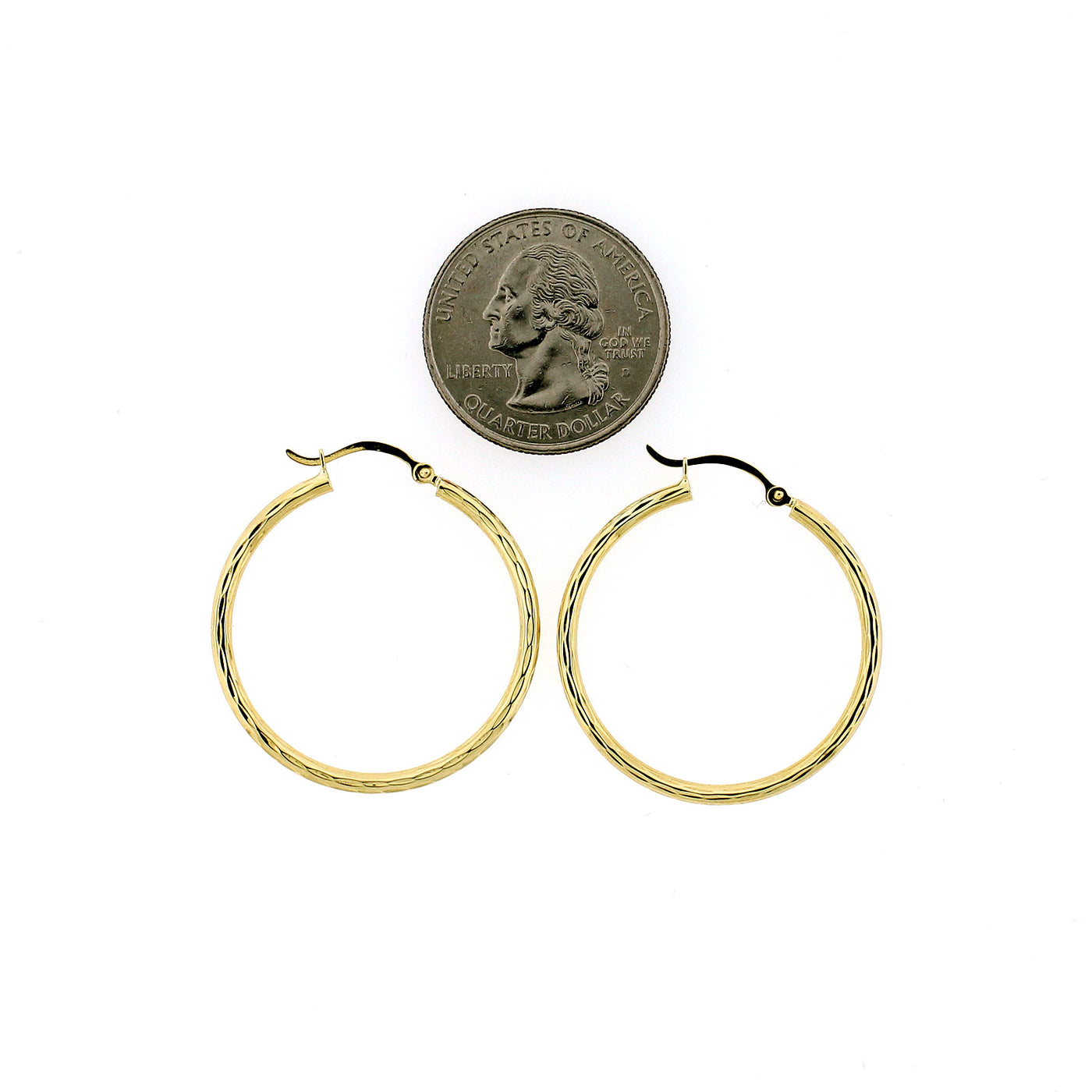 Real 10K Yellow Gold 32mm X 2mm 1.25" Diamond Cut Medium Plain Hoop Earrings