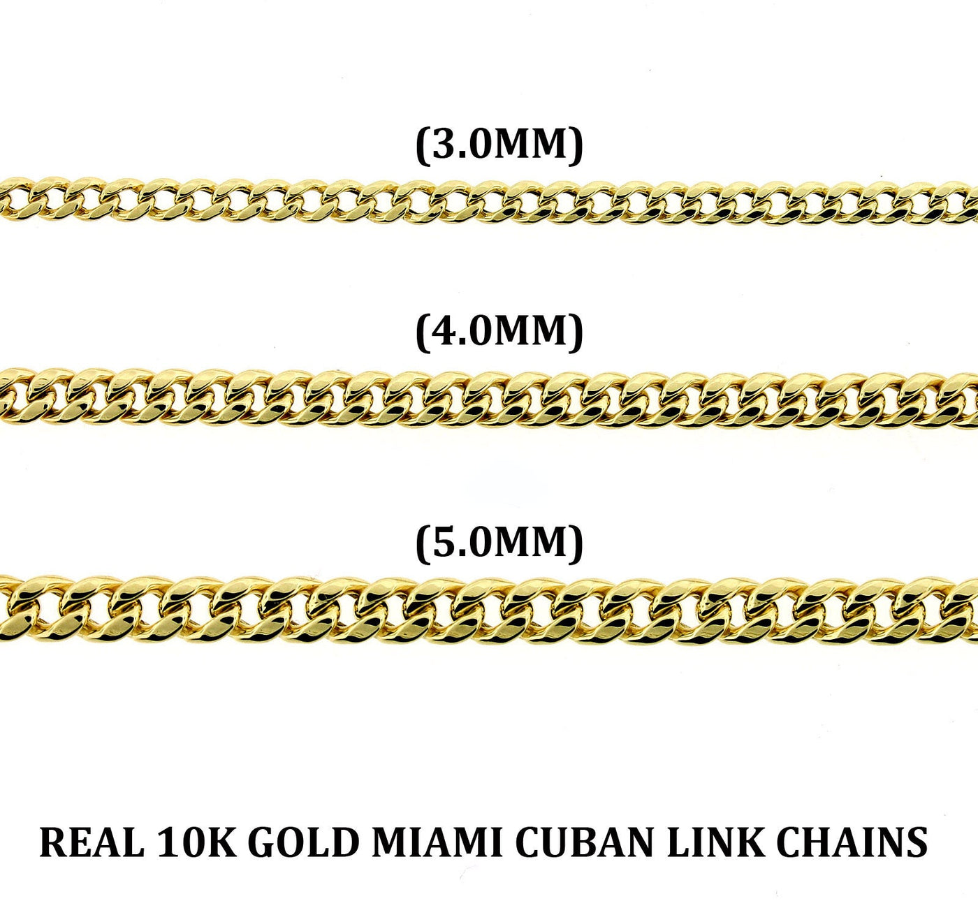 10K Yellow Gold 3mm 4mm 5mm Miami Cuban Link Chain Necklace, 10KT Real Gold
