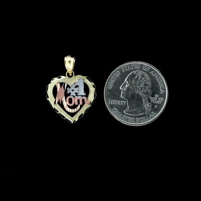 10K Solid Yellow White Rose Gold Heart #1 Mom Charm Pendant & 2mm Rope Chain Necklace Set