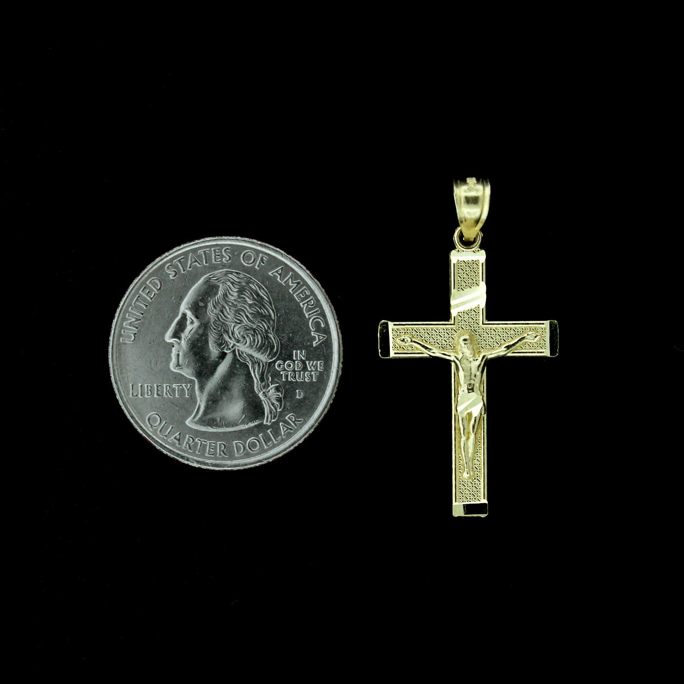 Real 10K Yellow Gold Diamond Cut Jesus Crucifix Cross Charm Pendant & 2.5mm Rope Chain Necklace Set