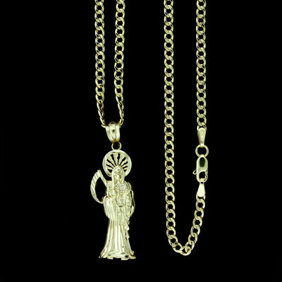 Mens 10K Yellow Gold Santa Muerte Grim Reaper Pendant & 2.5mm Cuban Link Chain Necklace Set