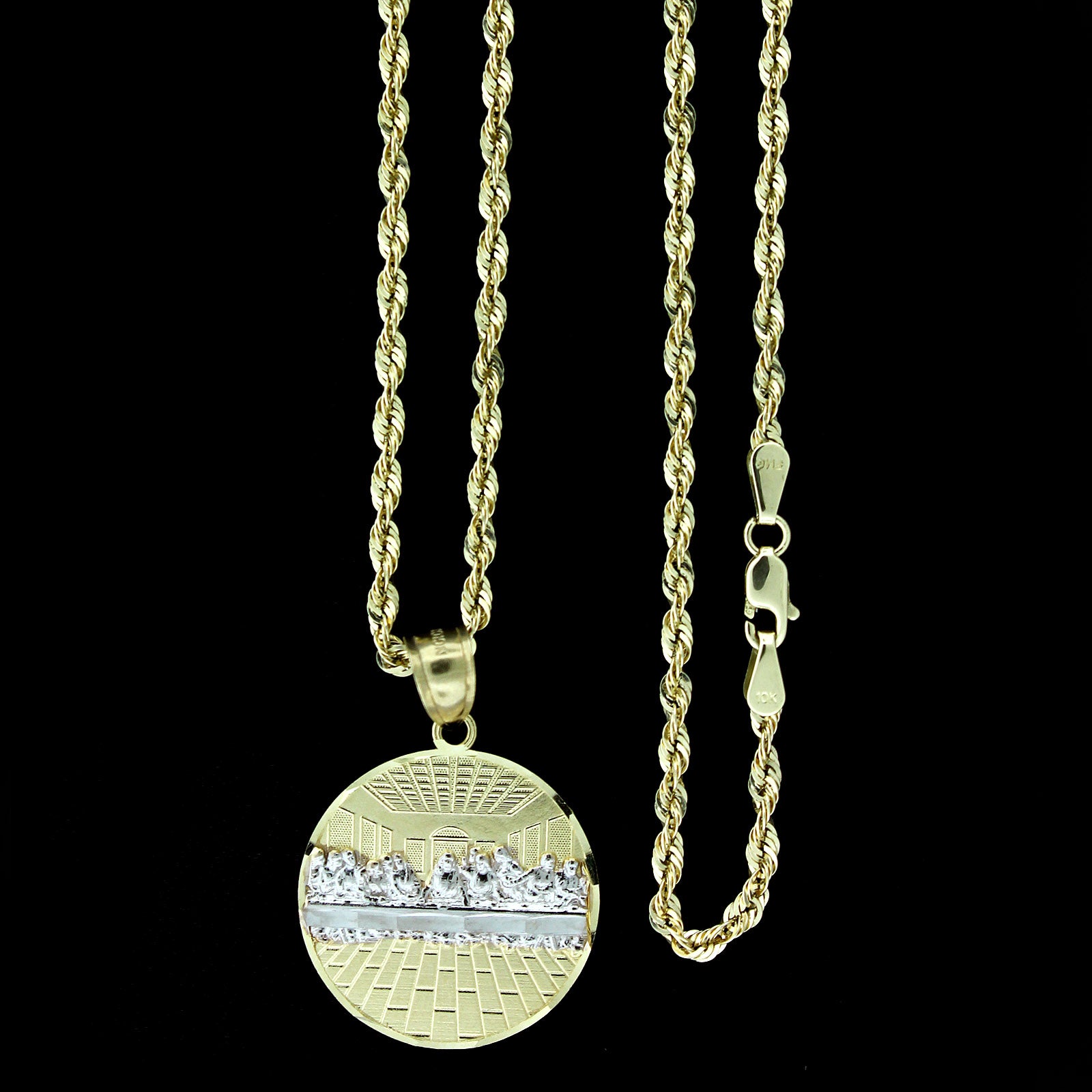 Mens 10K Yellow Gold Round Last Supper Jesus Charm Pendant With 2.5mm Rope Chain Necklace Set • Round Jesus Medallion • Gift - Canada