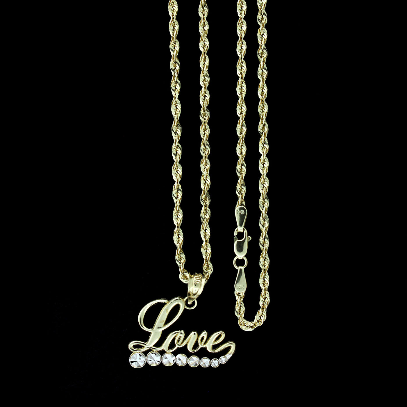 Mens 10K Solid Yellow Gold LOVE Script Heart Pendant With 2.5mm Rope Chain Necklace Set