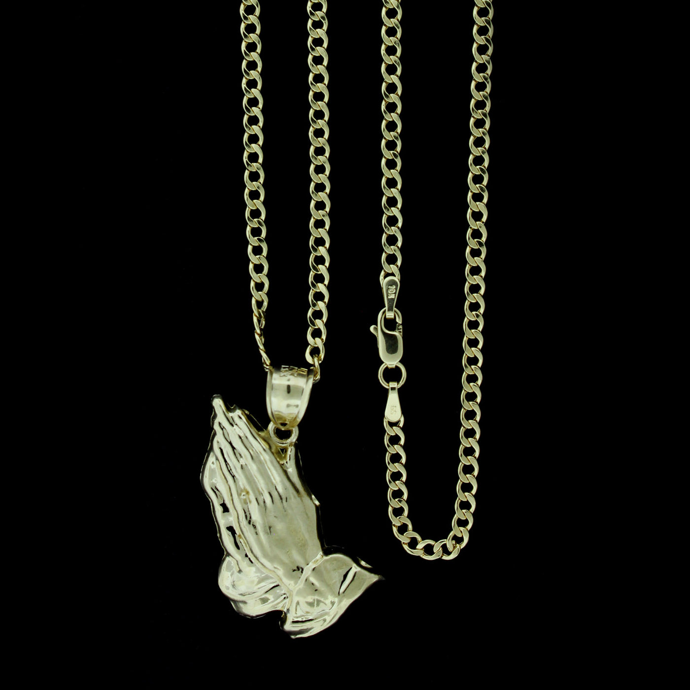 Mens 10K Yellow Gold Praying Hands Charm Pendant & 2.5mm Cuban Link Chain Necklace Set