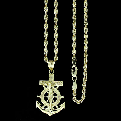Mens 10K Yellow Gold Jesus Anchor Cross Charm Pendant & 2.5mm Rope Chain Necklace Set