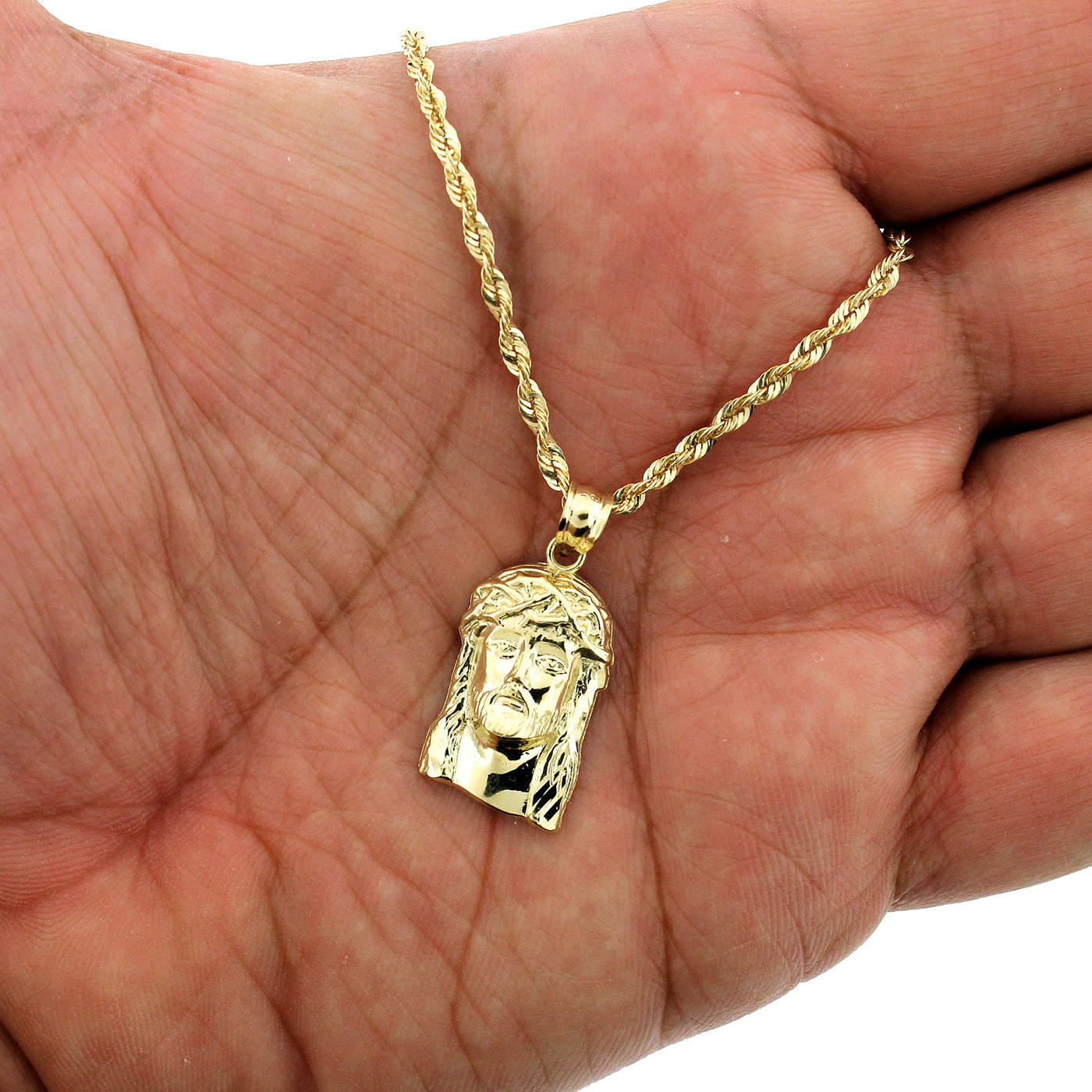 10K Solid Yellow Gold Jesus Face Head Charm Pendant With 2.5mm Rope Chain Necklace Set