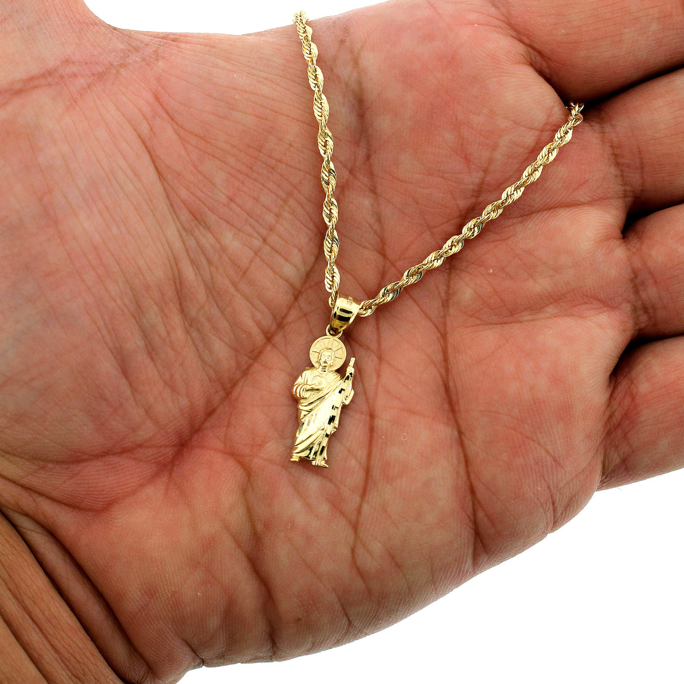 Mens 10K Yellow Gold Saint Jude San Judas Pendant With 2mm Rope Chain Necklace Set