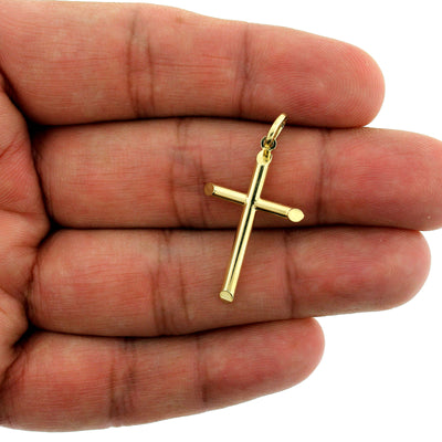Mens 10K Solid Yellow Gold Large Plain Tube Cross Charm Pendant, 10KT Real Gold