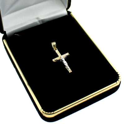 Real 10K Yellow Gold Diamond Cut Jesus Crucifix Cross Charm Pendant & Rope Chain