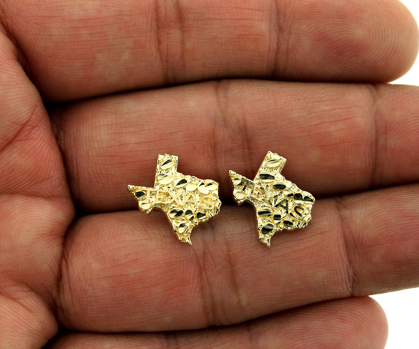 10K Solid Yellow Gold Diamond Cut Large Texas Map Nugget Stud Earrings