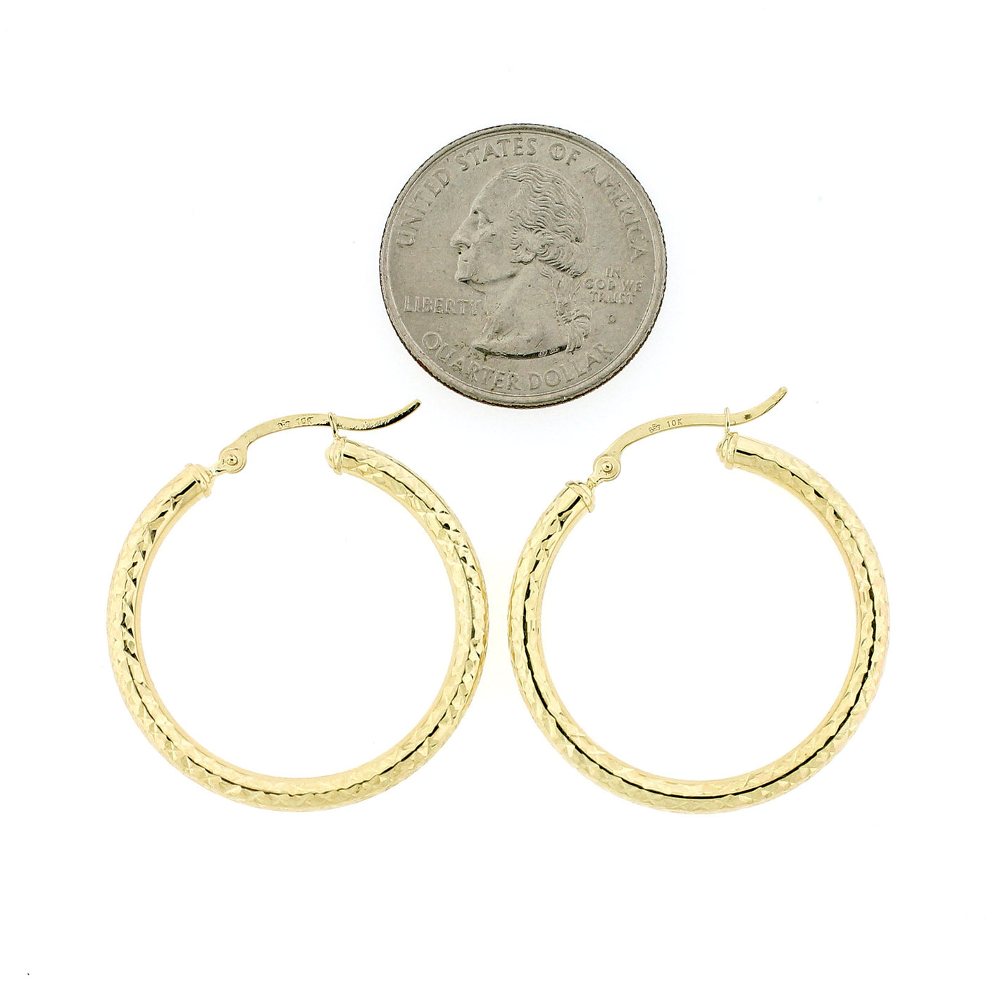 Real 10K Yellow Gold 3mm X 32mm 1.25" Diamond Cut Shiny Plain Hoop Earrings