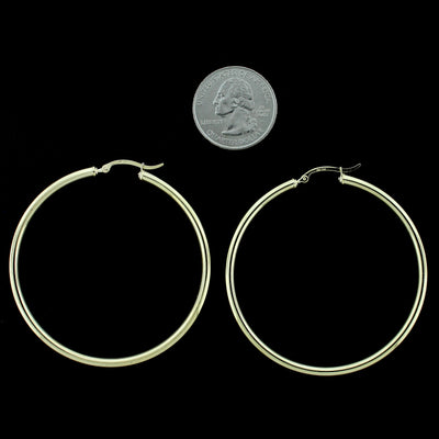 Real 10K Solid Yellow Gold 3mm X 60mm 2.5" Plain Shiny Round Tube Hoop Earrings