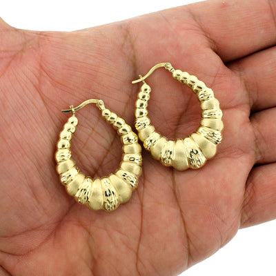 Real 10K Yellow Gold 6mm 1.5" Diamond Cut Medium Scalloped Hoop Shrimp Earrings