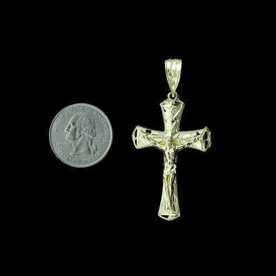 Real 10K Yellow Gold Nugget Cross Pendant Large Diamond Cut Jesus Crucifix Charm