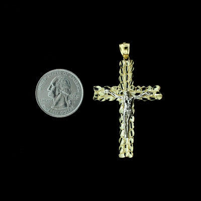 10K Yellow Gold Mens Nugget Cross Pendant Large Diamond Cut Jesus Crucifix Charm