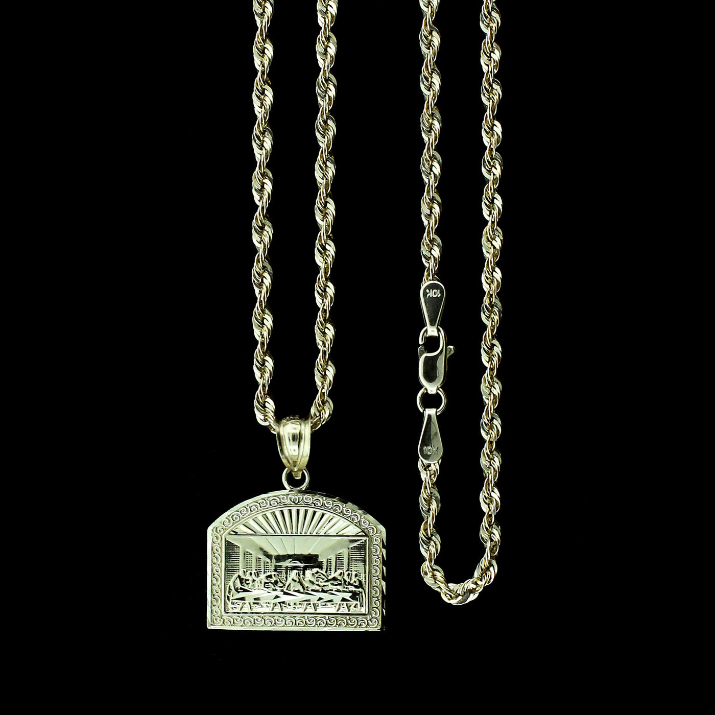 Mens Real 10K Yellow Gold Apostles Last Supper Charm Pendant & 2.5mm Rope Chain Necklace Set