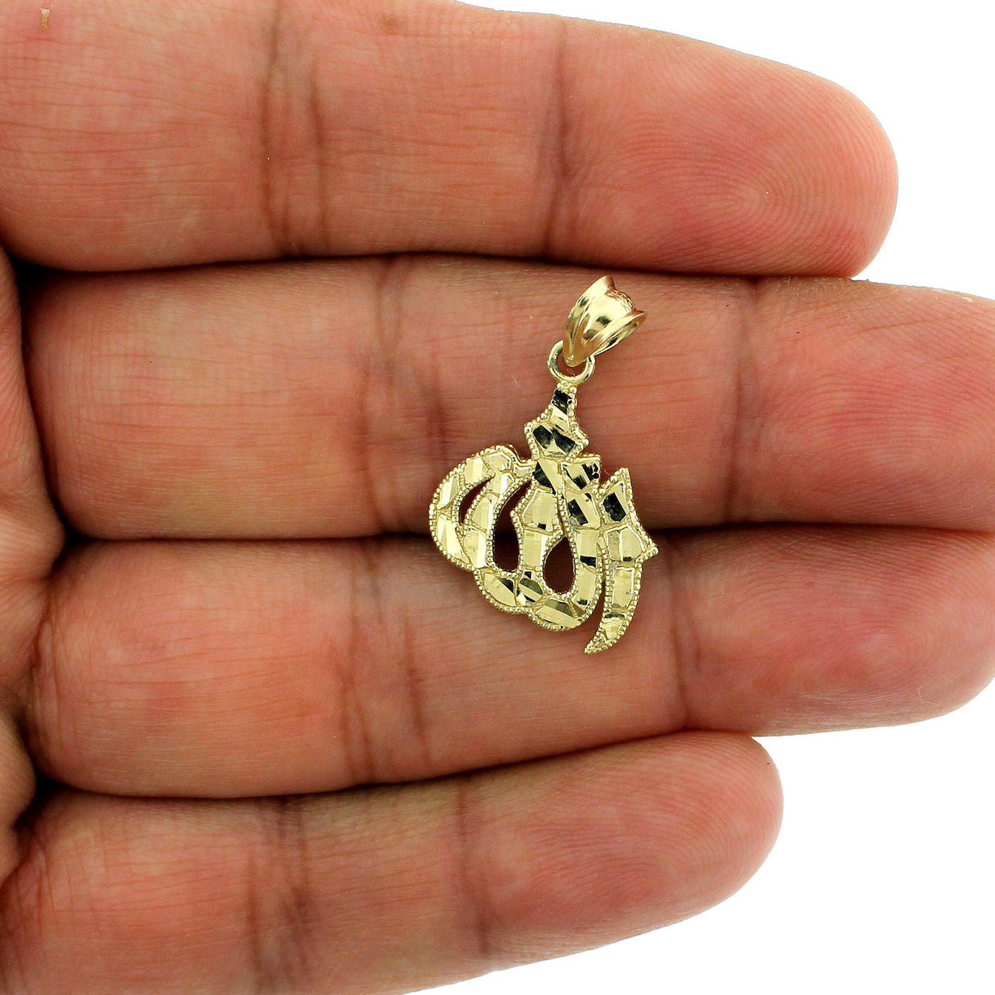 Real 10K Yellow Gold Diamond Cut Islamic Allah Arabic Charm Pendant & Rope Chain