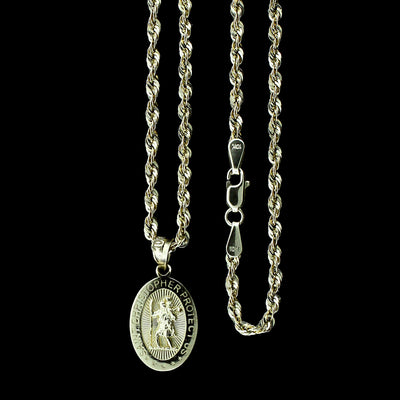 Real 10K Yellow Gold Saint Christopher Pendant & 2.5mm Rope Chain Necklace Set