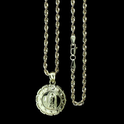 Real 10K Yellow Gold Jesus & Mary Medallion Pendant & 2.5mm Rope Chain Necklace Set