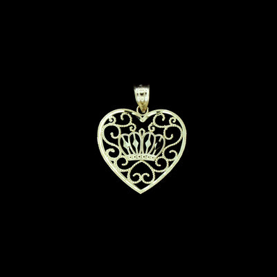 Real 10K Yellow Gold Diamond Cut Heart & Crown Pendant, Womens 10KT Gold Charm