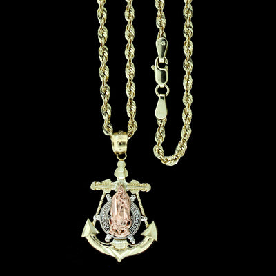 10K Yellow White Rose Gold Virgin Mary Anchor Cross Pendant & 2.5mm Rope Chain Necklace Set