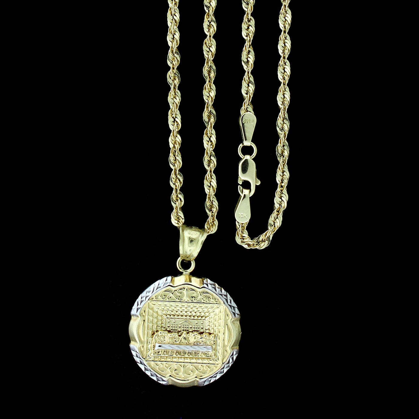 Real 10K Yellow Gold Apostles Last Supper Charm Pendant & 2.5mm Rope Chain Necklace Set