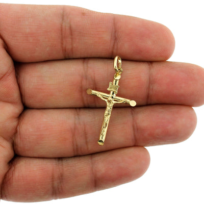 Mens Real 10K Yellow Gold INRI Jesus Crucifix Cross Charm Pendant