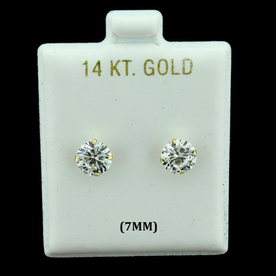 14K Real Solid Gold 7MM Solitaire Round CZ Stud Earrings, Men Women