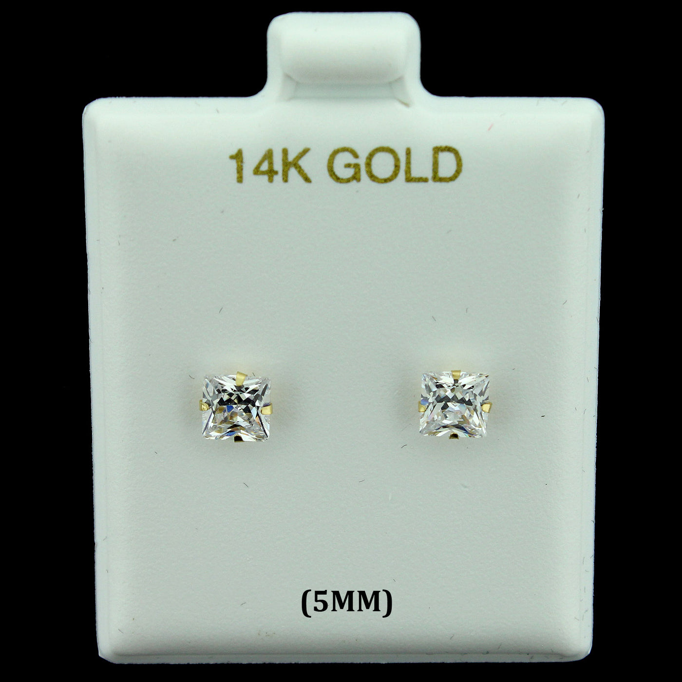 14K Real Solid Gold 5MM Princess Cut Square CZ Stud Earrings, Men Women