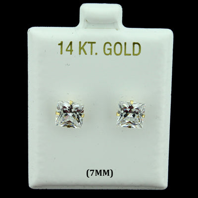 14K Real Solid Gold 7MM Princess Cut Square CZ Stud Earrings, Men Women