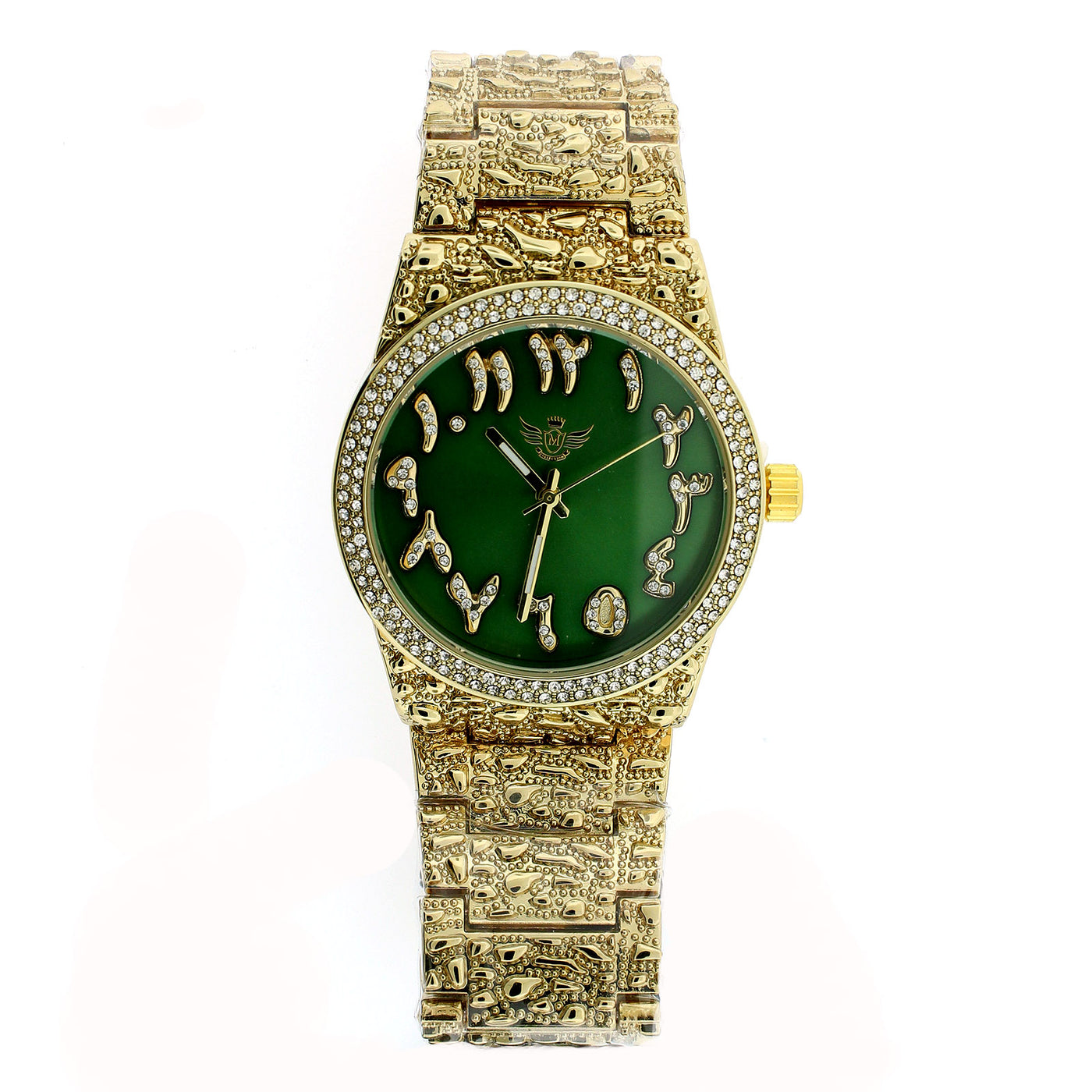 14K Gold Plated Nugget Watch Real Mens Iced CZ Hip Hop Green Arabic Dial