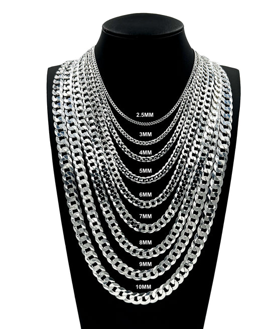 Real Solid 925 Sterling Silver Cuban Curb Link Chain Necklace Bracelet 2.5mm 3mm 4mm 5mm 6mm 7mm 8mm 9mm 10mm Gift For Men &amp; Women ITALY
