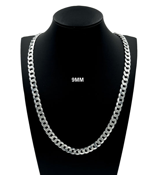 9MM SOLID 925 Sterling Silver Cuban Curb Link Chain Necklace or Bracelet ITALY
