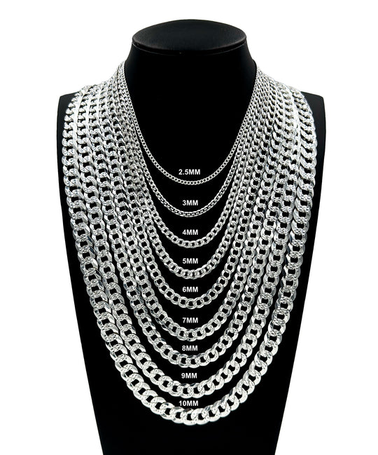 Real Solid 925 Sterling Silver Diamond Cut Cuban Curb Link Chain Necklace Bracelet 2.5mm 3mm 4mm 5mm 6mm 7mm 8mm 9mm 10mm Gift For Men &amp; Women ITALY