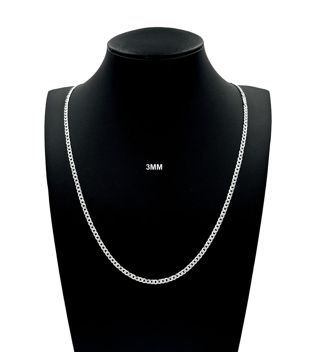 3MM Real Solid 925 Sterling Silver Diamond Cut Curb Link Chain Pendant Necklace UNISEX